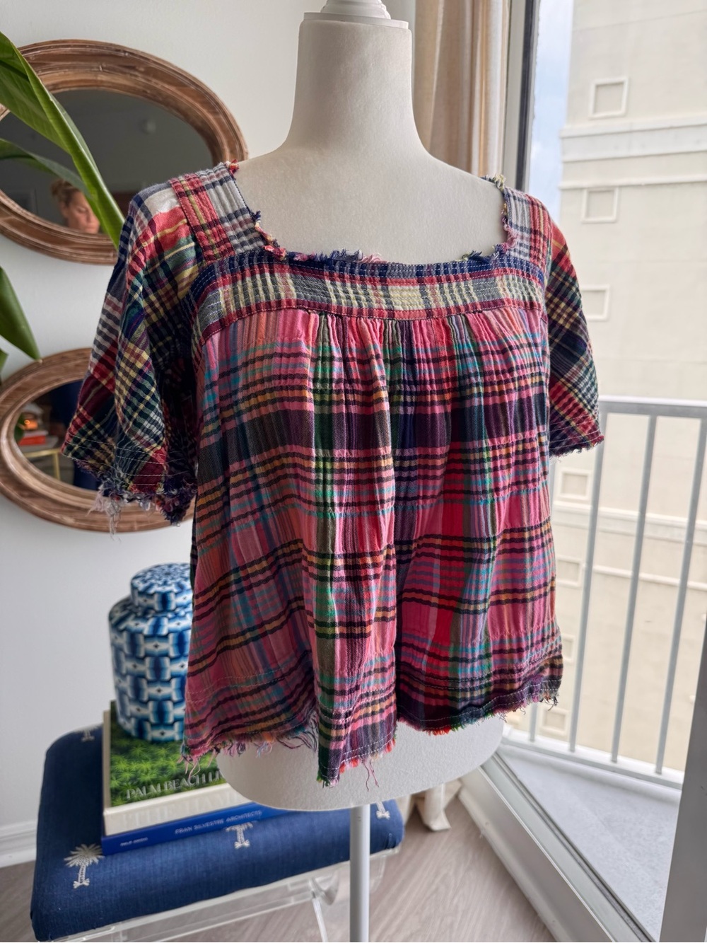 Pilcro Madras Plaid Short-Sleeve Square-Neck Top Small